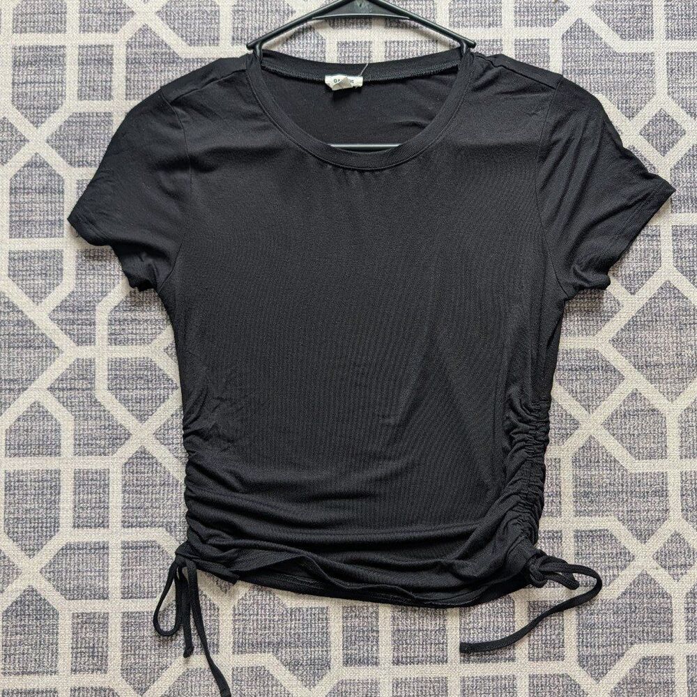 Garage Jet Black Short Sleeve Crop T-shirt Ruched Sides & Ties Size M